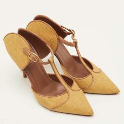 Pre Owned Malone Souliers Imogen Size 36.5 Yellow/Brown Canvas and Leather Pointed Toe Mules