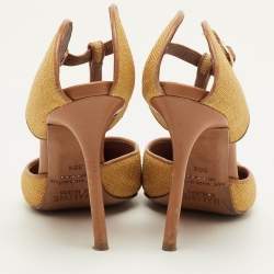 Pre Owned Malone Souliers Imogen Size 36.5 Yellow/Brown Canvas and Leather Pointed Toe Mules