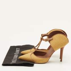 Pre Owned Malone Souliers Imogen Size 36.5 Yellow/Brown Canvas and Leather Pointed Toe Mules