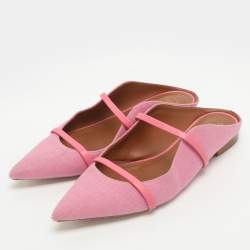 Pre Owned Malone Souliers Maureen Size 39.5 Pink Canvas and Leather Flat Mules 