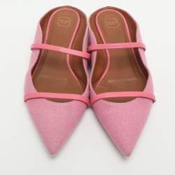 Pre Owned Malone Souliers Maureen Size 39.5 Pink Canvas and Leather Flat Mules 