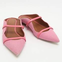 Pre Owned Malone Souliers Maureen Size 39.5 Pink Canvas and Leather Flat Mules 