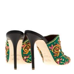 Pre Owned Malone Souliers Green Floral Embroidered Satin Peep Toe Mules Size 40