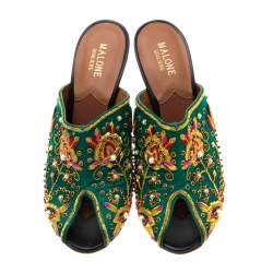 Pre Owned Malone Souliers Green Floral Embroidered Satin Peep Toe Mules Size 40