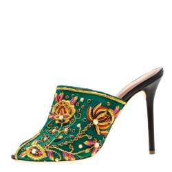 Pre Owned Malone Souliers Green Floral Embroidered Satin Peep Toe Mules Size 40