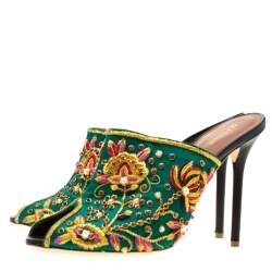 Pre Owned Malone Souliers Green Floral Embroidered Satin Peep Toe Mules Size 40