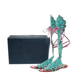 Pre Owned Malone Souliers Mint Green/Pink Laser Cut Suede and Leather Ida Gladiator Flat Sandals Size 41
