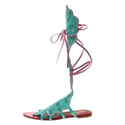 Pre Owned Malone Souliers Mint Green/Pink Laser Cut Suede and Leather Ida Gladiator Flat Sandals Size 41