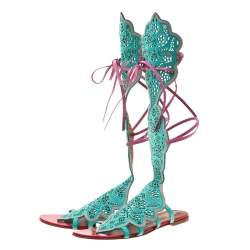 Pre Owned Malone Souliers Mint Green/Pink Laser Cut Suede and Leather Ida Gladiator Flat Sandals Size 41