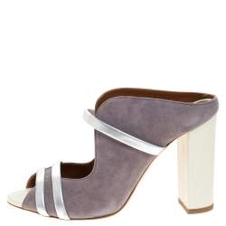 Pre Owned صندل مالون سولييه ماورين كعب سميك سويدي و جلد رصاصي و فضي مقاس 37