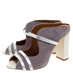 Pre Owned صندل مالون سولييه ماورين كعب سميك سويدي و جلد رصاصي و فضي مقاس 37