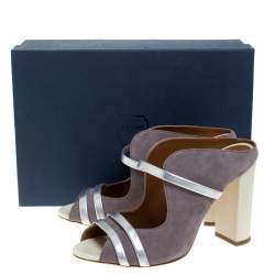 Pre Owned صندل مالون سولييه ماورين كعب سميك سويدي و جلد رصاصي و فضي مقاس 37