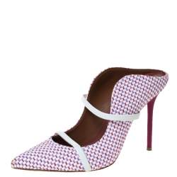 Pre Owned Malone Souliers Multicolor Woven Raffia And White Trim Maureen Pointed Toe Mules Size 39.5