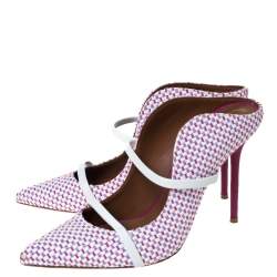 Pre Owned Malone Souliers Multicolor Woven Raffia And White Trim Maureen Pointed Toe Mules Size 39.5