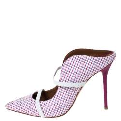 Pre Owned Malone Souliers Multicolor Woven Raffia And White Trim Maureen Pointed Toe Mules Size 39.5