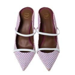 Pre Owned Malone Souliers Multicolor Woven Raffia And White Trim Maureen Pointed Toe Mules Size 39.5