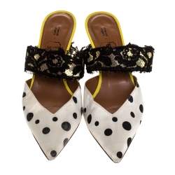 مملوكة مسبقًا Malone Souliers x Emanuel Ungaro White/Black Polka Dot Satin And Lace Maisie Pointed Toe Mules Size 38.5