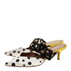 مملوكة مسبقًا Malone Souliers x Emanuel Ungaro White/Black Polka Dot Satin And Lace Maisie Pointed Toe Mules Size 38.5