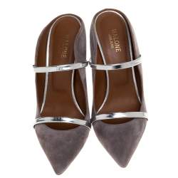 Pre Owned Malone Souliers Dark Grey Suede And Silver Leather Trim Maureen Pointed Toe Mules Size 39