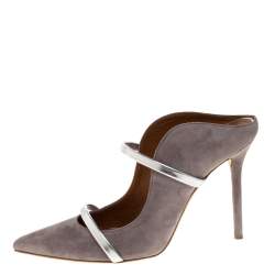 Pre Owned Malone Souliers Dark Grey Suede And Silver Leather Trim Maureen Pointed Toe Mules Size 39