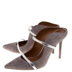 Pre Owned Malone Souliers Dark Grey Suede And Silver Leather Trim Maureen Pointed Toe Mules Size 39