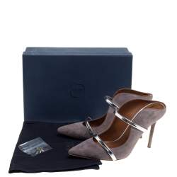 Pre Owned Malone Souliers Dark Grey Suede And Silver Leather Trim Maureen Pointed Toe Mules Size 39