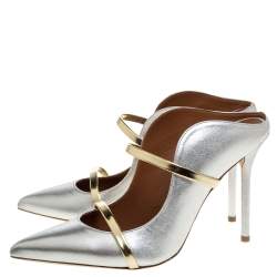 Pre Owned Malone Souliers Metallic Silver and Gold Trim Leather Maureen Pointed Toe Mules Size 39