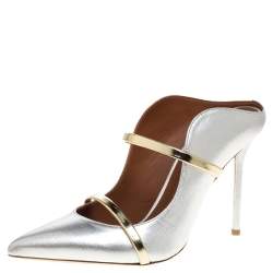 Pre Owned Malone Souliers Metallic Silver and Gold Trim Leather Maureen Pointed Toe Mules Size 39
