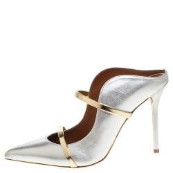 Pre Owned Malone Souliers Metallic Silver and Gold Trim Leather Maureen Pointed Toe Mules Size 39