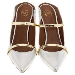 Pre Owned Malone Souliers Metallic Silver and Gold Trim Leather Maureen Pointed Toe Mules Size 39