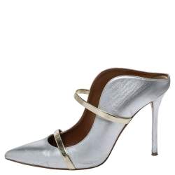 Pre Owned Malone Souliers Silver/Gold Leather Maureen Pointed Toe Mules Size 38.5