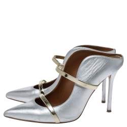 Pre Owned Malone Souliers Silver/Gold Leather Maureen Pointed Toe Mules Size 38.5