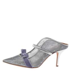 Pre Owned Malone Souliers By Roy Luwolt Silver Mesh And Velvet Marguerite Bow Mules Size 39