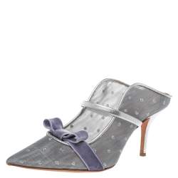 Pre Owned Malone Souliers By Roy Luwolt Silver Mesh And Velvet Marguerite Bow Mules Size 39