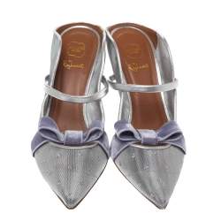 Pre Owned Malone Souliers By Roy Luwolt Silver Mesh And Velvet Marguerite Bow Mules Size 39