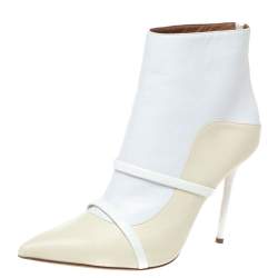 Pre Owned Malone Souliers Cream/White Leather Madison Pointed Toe Ankle Boots Size 40.5