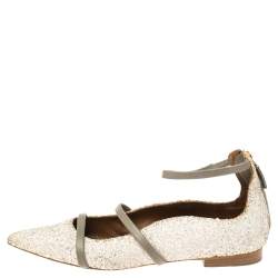 مملوكة مسبقًا حذاء باليرينا فلات مالون سولييه رصاصي/ أوف وايت جلد وغليتر روبين مقدمة مدببة مقاس 36