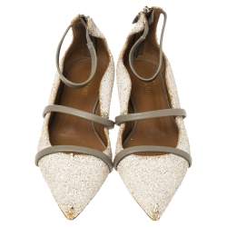 مملوكة مسبقًا حذاء باليرينا فلات مالون سولييه رصاصي/ أوف وايت جلد وغليتر روبين مقدمة مدببة مقاس 36