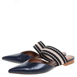 Pre Owned Malone Souliers Navy Blue Leather Maisie Pointed Toe Flat Mules Size 37.5