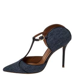 Pre Owned صندل مول مالون سولييه سير حرف تي مقدمة مدببة حافة جلد وقماش دنيم أزرق مقاس 40.5