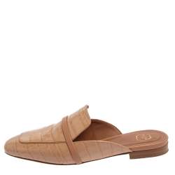 Pre Owned Malone Souliers Beige Croc Embossed Leather Jada Flat Mules Size 37