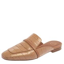 Pre Owned Malone Souliers Beige Croc Embossed Leather Jada Flat Mules Size 37