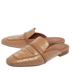 Pre Owned Malone Souliers Beige Croc Embossed Leather Jada Flat Mules Size 37