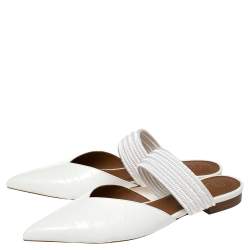 Pre Owned Malone Souliers White Croc Embossed Leather and Canvas Maisie mule Flats Size 40