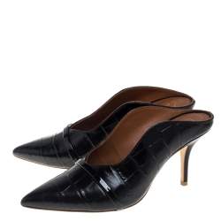 Pre Owned Malone Souliers Black Croc Embossed Leather Maureen Pointed Toe Mules Size 38