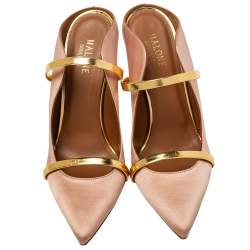 Pre Owned Malone Souliers Blush Gold Satin And Leather Maureen Sandals Size 38