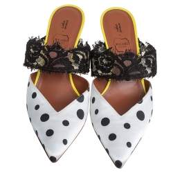 مملوكة مسبقًا Malone Souliers x Emanuel Ungaro White/Black Polka Dot Satin And Lace Maisie Pointed Toe Mules Size 40.5
