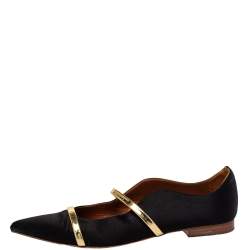Pre Owned Malone Souliers Black Satin Maureen Pointed Toe Ballet Flats Size 37.5