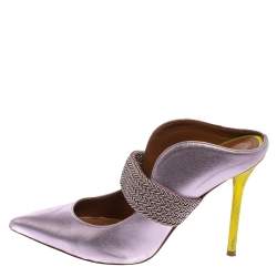 Pre Owned Malone Souliers by Roy Luwolt Metallic Purple Leather Mara Pointed Toe Mules Size 38