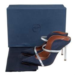 Pre Owned Malone Souliers Navy Blue Canvas And Leather Maureen Pointed Toe Mules Size 36